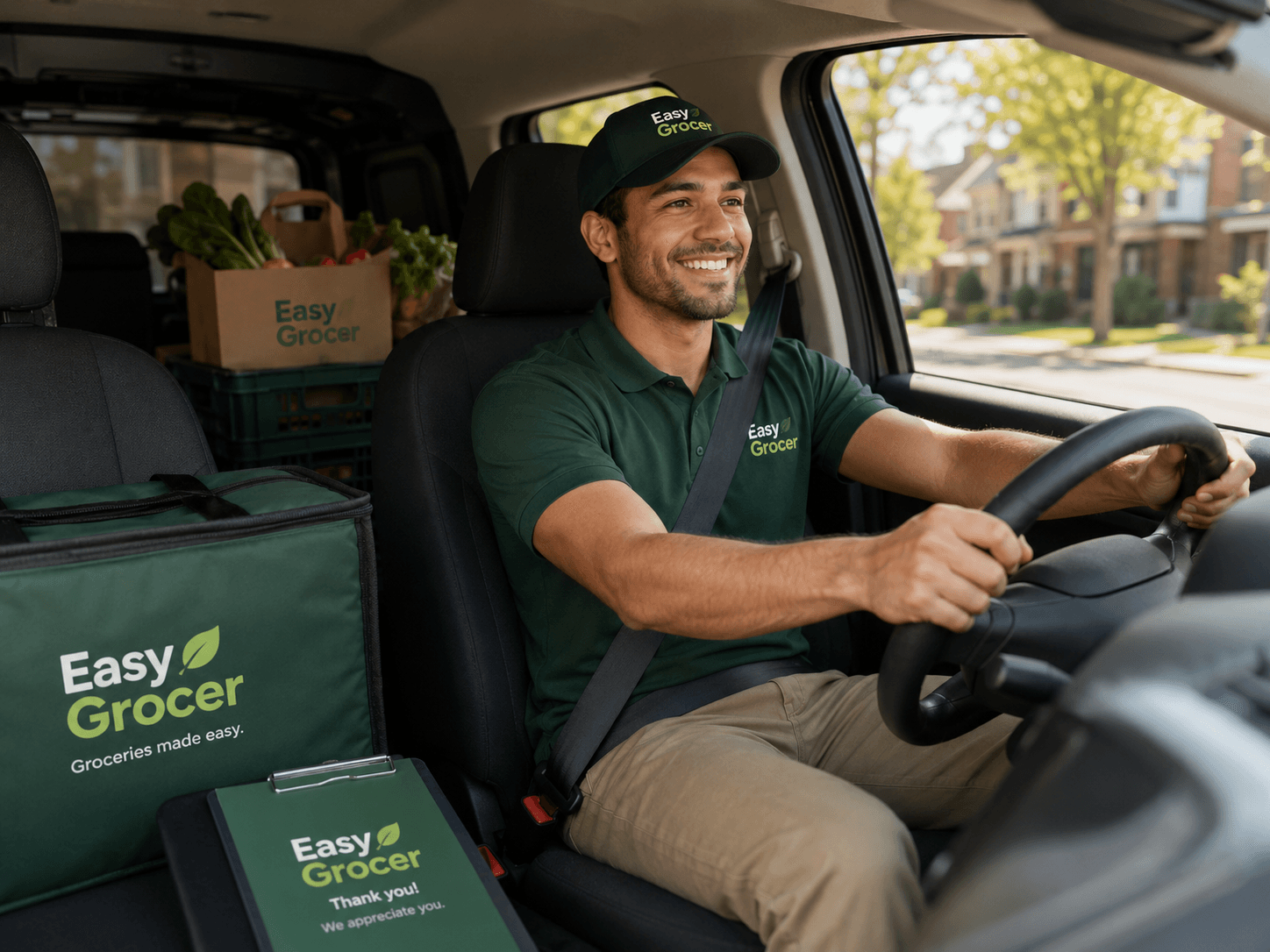 Easy Grocer driver heading out with insulated grocery bags loaded for delivery